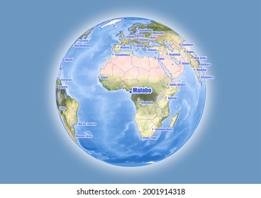 Malabo-Equatorial Guinea is shown on vector globe map. The map shows Malabo-Equatorial Guinea 's location in the world.