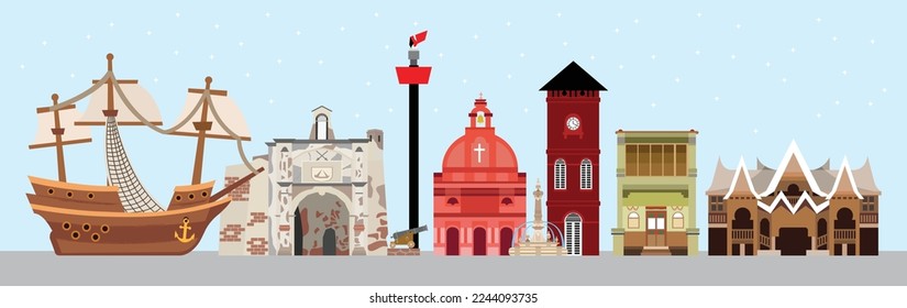 Malacca Malaysia landmark skyline illustration with historic building