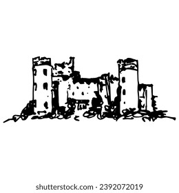 Malachide castle in Ireland. Historical Irish medieval architectural monument. Hand drawn linear doodle rough sketch. Black silhouette on white background.