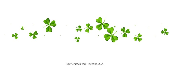 Malachite Clover Botanical Vector White Panoramic Background. Spring Leaves Stream Pattern. Saint Patrick Foliage Design. Green Leaf Fly Backdrop.