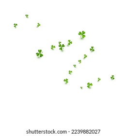 Malachite Clover Fly Vector White Background. Bright Foliage Isolated Wallpaper. Falling Shamrock Backdrop. Spring Leaf Minimal Template.
