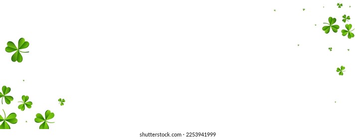 Malachite Clover Isolated Vector White Panoramic Background. Spring Foliage Air Template. Fly Leaf Backdrop. Olive color Shamrock Minimal Wallpaper.