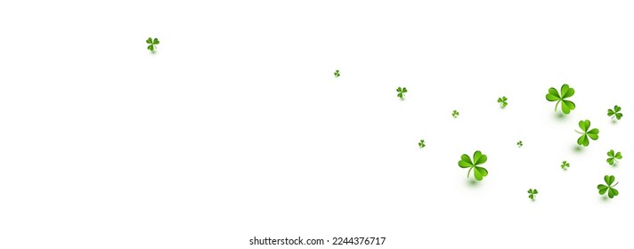 Malachite Clover Minimal Vector White Panoramic Background. Spring Foliage Stream Design. Wind Leaves Template. Green Shamrock Fly Illustration.