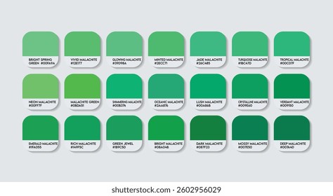 Malachite Green Color Guide Palette with color Names. Catalog Samples Malachite with RGB HEX codes and Names. Metal Colors Palette Vector, Green Color Palette, Fashion Trend Malachite Color Palette