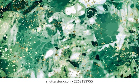 Malachite stone background design with mineral natural texture and gold splatter.