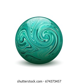 Malachite stone ball, vector semiprecious gemstone, round green bead with marble pattern on white