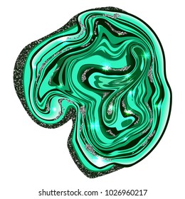 Malachite texture. Green Stone. Cross section of malachite with silver glitter. Vector illustration. Eps 10