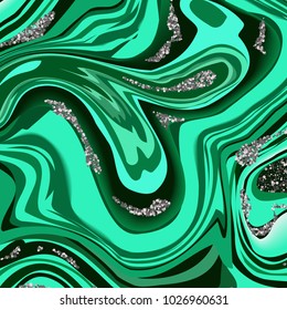 Malachite texture. Green Stone. Cross section of malachite with silver glitter. Vector illustration. Eps 10