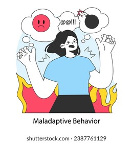 Maladaptive behavior. Neurosis, chronic stress and anxiety mental disorder. Angry furious cursing woman expressing negative emotions., Flat vector illustration