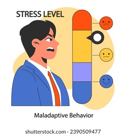 Maladaptive behavior. Neurosis, chronic stress and anxiety mental disorder. Angry furious cursing man expressing negative emotions., Flat vector illustration