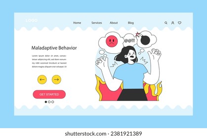 Maladaptive behavior web banner or landing page. Neurosis, chronic stress and anxiety mental disorder. Angry furious cursing woman expressing negative emotions., Flat vector illustration