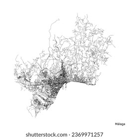 Malaga city map with roads and streets, Spain. Vector outline illustration.