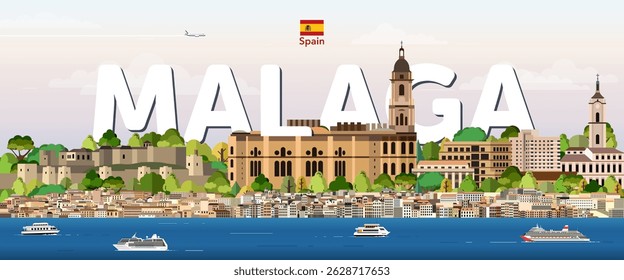 Malaga cityscape colorful vector illustration with big city name on the background. Travel trendy poster