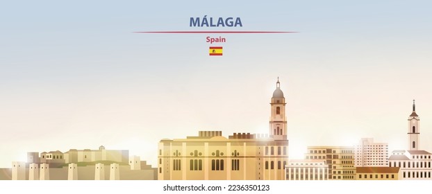 Malaga cityscape on sunrise sky background with bright sunshine. Vector illustration