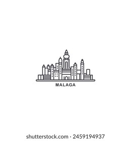 Malaga cityscape skyline city panorama vector flat modern logo icon. Spain, Andalusia town emblem idea with landmarks and building silhouettes. Isolated thin line black graphic