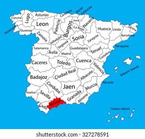 Malaga map silhouette vector. Spain province. Spain with separated regions isolated on background. Spain autonomy areas map. Editable vector map of Spain.