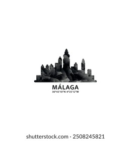 Malaga panorama, vector badge, skyline logo and icon. Spain, Andalusia city horizon logotype with landmarks and building silhouettes. Isolated foggy abstract gradient graphic