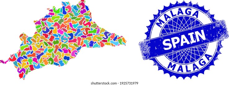Malaga Province map flat illustration. Blot collage map and unclean seal for Malaga Province. Sharp rosette blue stamp seal with text for Malaga Province map.