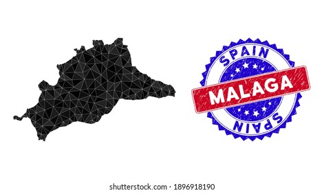 Malaga Province map polygonal mesh with filled triangles, and textured bicolor stamp seal. Triangle mosaic Malaga Province map with mesh vector model, triangles have different sizes, and positions,