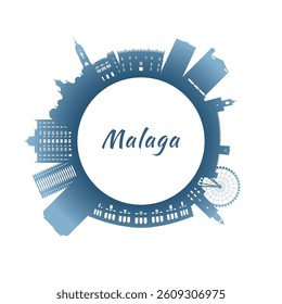 Malaga skyline with colorful buildings. Circular style. Stock vector illustration
