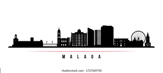 Malaga skyline horizontal banner. Black and white silhouette of Malaga, Spain. Vector template for your design. 