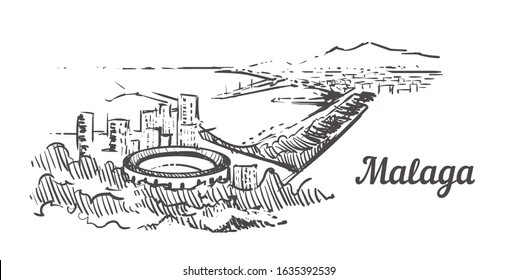 Malaga skyline sketch. Malaga hand drawn illustration isolated on white background.