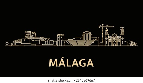Malaga Skyline with Spain Gold Line Art.