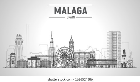 Malaga, Spain (Andalusia) line skyline with panorama at white background. Vector Illustration. Business travel and tourism concept with modern buildings. Image for banner or web site