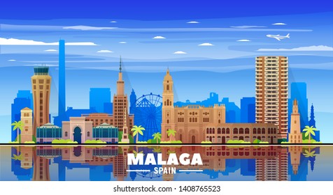 Malaga, Spain (Andalusia) skyline with panorama on white background. Vector Illustration. Business travel and tourism concept with modern buildings. Image for banner or web site