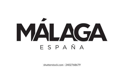 Malaga in Spanien Emblem für Druck und Web. Das Design zeichnet sich durch geometrischen Stil, Vektorgrafik mit gewagter Typografie in moderner Schrift aus. Grafische Slogan-Schrift einzeln auf weißem Hintergrund.