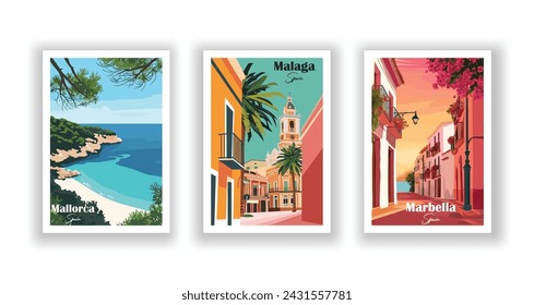 Malaga, Spain. Mallorca, Spain. Marbella, Spain - Set of 3 Vintage Travel Posters. Vector illustration. High Quality Prints