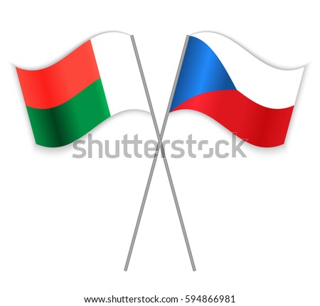 Malagasy and Czech crossed flags. Madagascar combined with Czech Republic isolated on white. Language learning, international business or travel concept.
