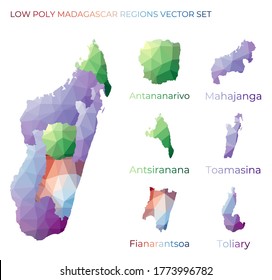 Regiones malgaches poco polacas. Mapa poligonal de Madagascar con regiones. Mapas geométricos para su diseño. Ilustración vectorial con estilo.