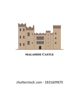 Malahide irish castle. Wonderful place for tourist vacancy. The castle grounds lovely to explore with the grass at the front of the castle. Travel to Ireland. Vector flat illustration