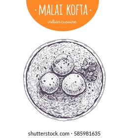 Malai kofta top view vector illustration. Indian cuisine. Linear graphic.