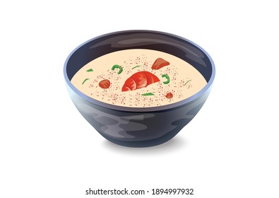 Chingri’r Malaikari or Prawns Malaikari is a classic Bengali preparation with Lobster or prawns and coconut milk vector Illustration on white Background