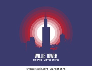 Malang, Indonesia - July 7th 2022: Willis Tower Chicago American Skyscraper Moonlight Illustration. Color Tone Based On Official Country Flag. Vector Eps 10.