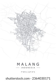 Malang vector map. Detailed map of Malang city in Indonesia. Cityscape panorama. Best free printable vector illustration. Outline map with highways and streets. Tourist decorative street map.