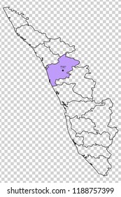 Malappuram district is shown highlighted with light purple colour in Kerala map with its name in English and Malayalam language.