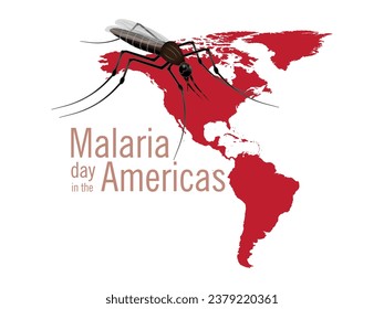 Malaria day in the americas.Red map of the americas on white background and biting mosquito.