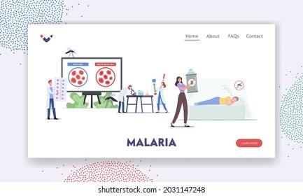 Plantilla de la página de aterrizaje del paludismo. Los Científicos Caracterizan Aprendiendo Enfermedad De La Malaria. Pequeño médico en Infografías Enormes Presentando Células Saludables y Enfermezadas Dentro de la Vista. Ilustración de vectores de personas de caricatura