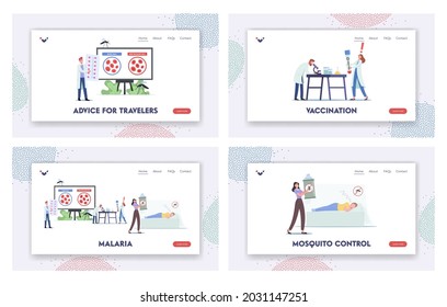 Malaria Landing Page Template Set. Scientists Characters Learn Malaria Sickness. Tiny Doctor at Huge Infographics Presenting Healthy and Diseased Cells Inside View. Cartoon People Vector Illustration