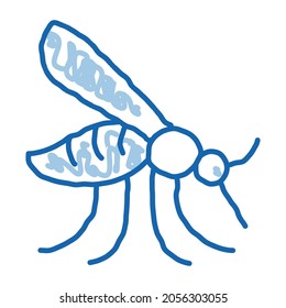 El vector del dibujo del mosquito de la malaria. Dibujo manual de la línea azul del doodle arte Cartel de la Malaria Mosquito. ilustración de símbolo aislado