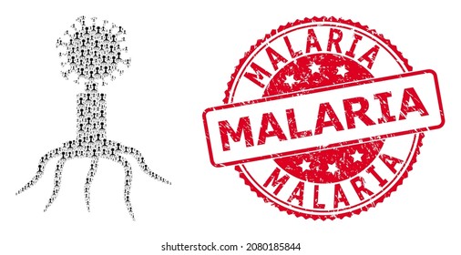 Malaria rubber round seal print and vector recursive mosaic viral agent. Red stamp seal has Malaria title inside. Vector mosaic is formed of repeating viral agent pictograms.