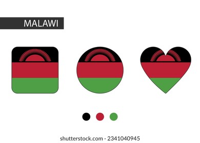 Malawi 3 formas (cuadrado, círculo, corazón) con bandera de la ciudad. Aislado sobre fondo blanco.