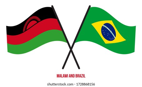Malawi and Brazil Flags Crossed And Waving Flat Style. Official Proportion. Correct Colors.