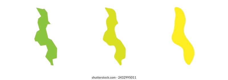 Malawi country black outline and colored country silhouettes in three different levels of smoothness. Simplified maps. Vector icons isolated on white background.