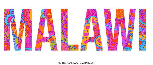 Malawi country creative text design filled with colorful doodle pattern	