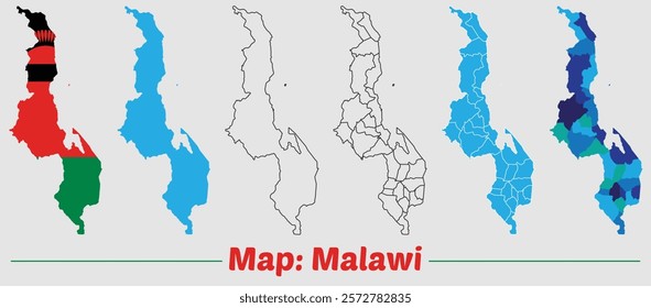 Malawi country map set. internal provinces borders marked, Simple map of Malawi vector drawing, Filled and outline.