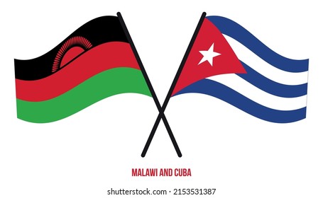 Malawi- und Kuba-Flaggen überquerten und wehenden Flachstil. Offizieller Anteil. Korrigieren Sie Farben.